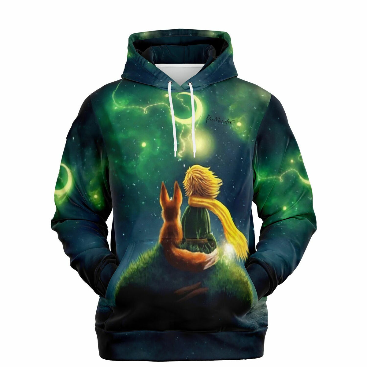 Dreamer Hoodie mit Leuchtbild-Motiv: Der kleine Prinz und sein Fuchs unter einem nächtlichen Sternenhimmel, AOP Design