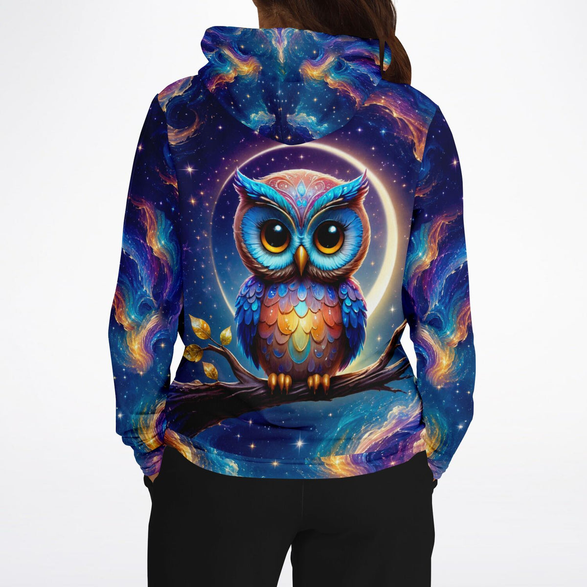 Hoodie mit Eulen Design im Diamond Painting Stil und buntem Galaxie-Hintergrund für Fans von kreativen DIY-Motiven