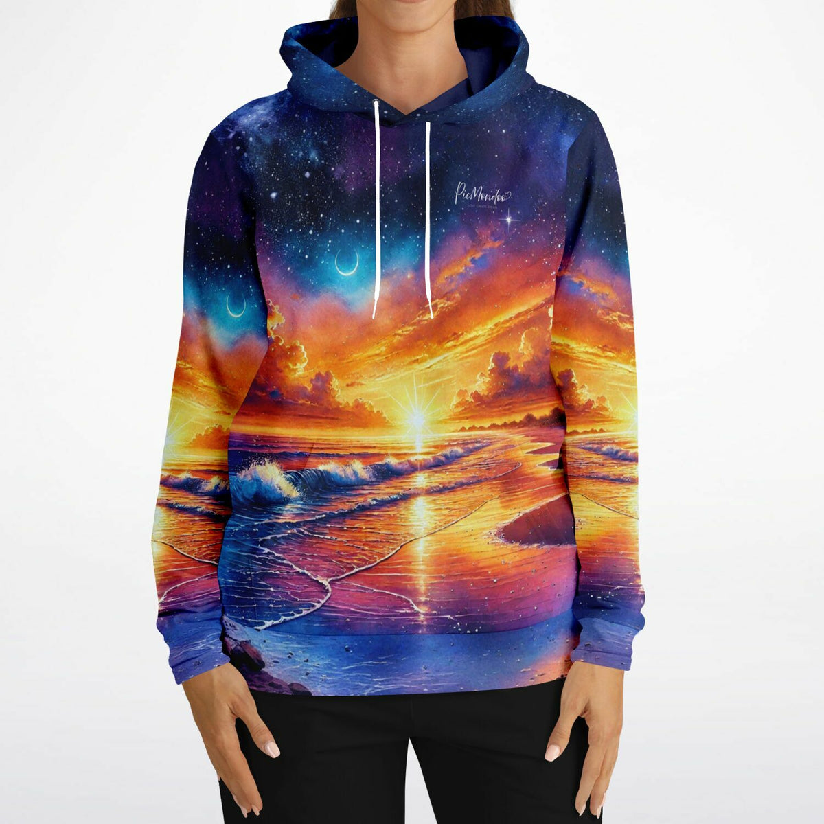 Dreamer Hoodie mit farbenfrohem Sonnenuntergang, Sternenhimmel und Ozean Motiv im Diamond Painting Look