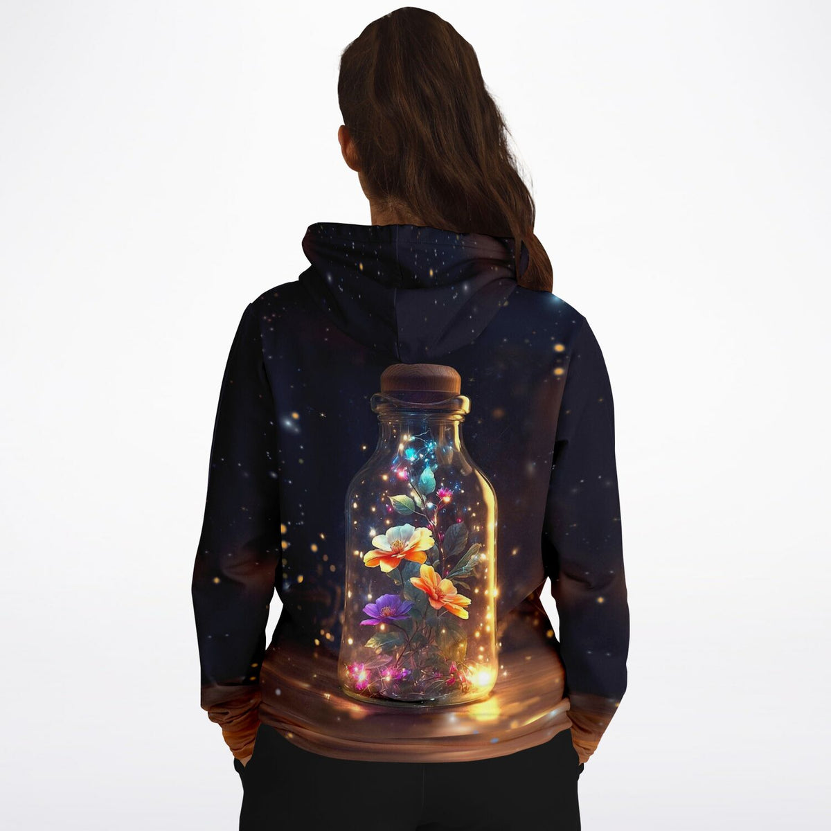 Dreamer Hoodie mit Leuchtender Blütenzauber Motiv: Bunte Blumen in einer Flasche im Sternenhimmel für DIY-Fans