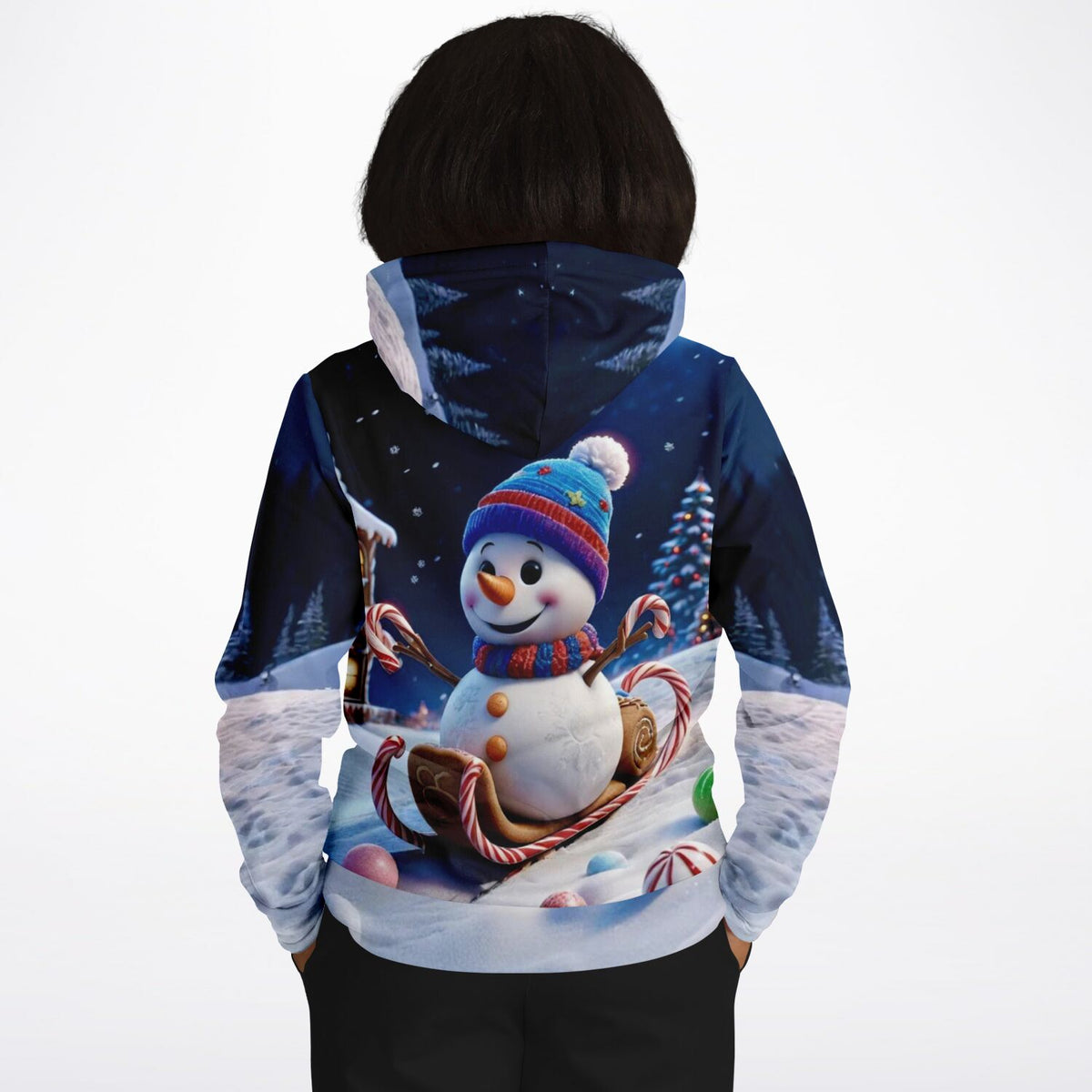Dreamer Hoodie mit Schneemann Motiv bei der Schlittenfahrt, passend zum Stil von Diamond Painting und Malen nach Zahlen