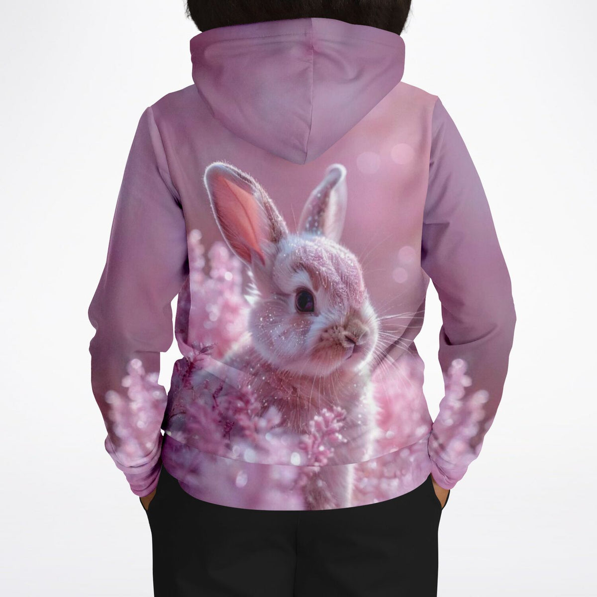 Dreamer Hoodie Sweet Pinki mit niedlichem Häschen-Motiv in zarten Rosatönen und floralem Design für Tierliebhaber.