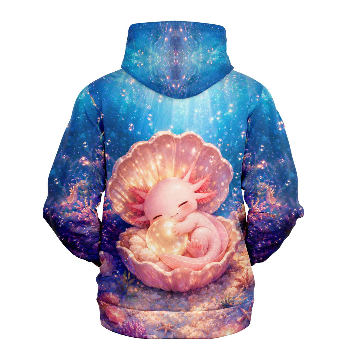 Dreamer Hoodie mit süßem Axolotl in Muschel Motiv, perfekt als Malen nach Zahlen oder Diamond Painting Design.