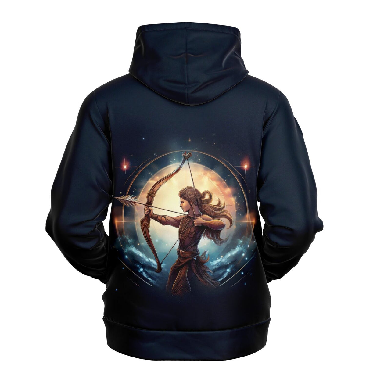 Schwarzer Dreamer Hoodie mit Sternzeichen Schütze Motiv, Bogenschütze vor leuchtendem Weltraum-Hintergrund