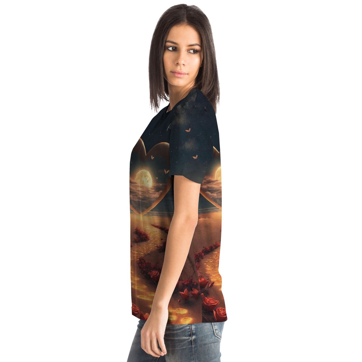 Dreamer T-Shirt Weg der Liebe mit Herz-Motiv, Vollmond und Rosenpfad im Stil von Malen nach Zahlen Kunst