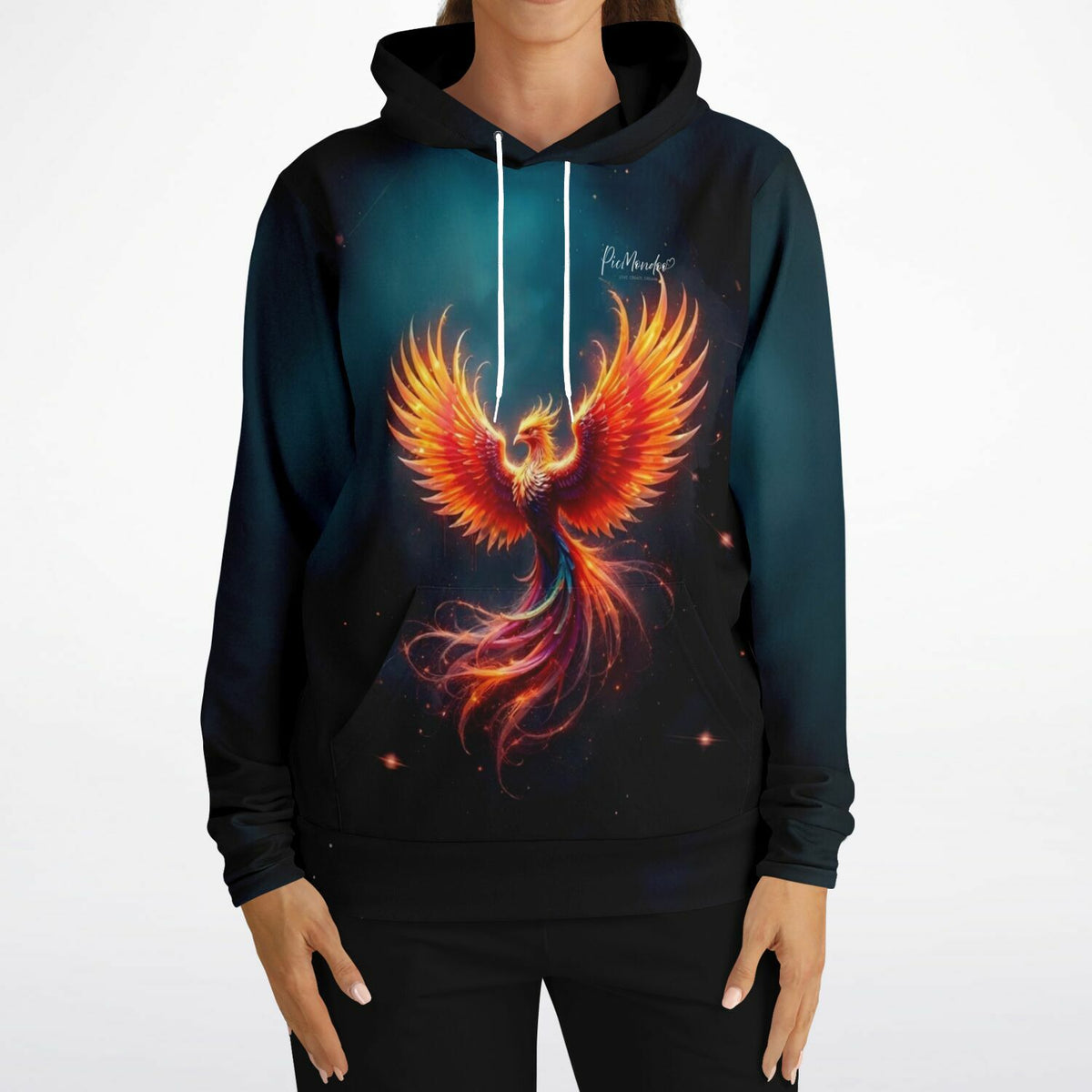 Schwarzer Dreamer Hoodie mit leuchtendem Phönix-Motiv, inspiriert von Diamond Painting und Malen nach Zahlen Designs.