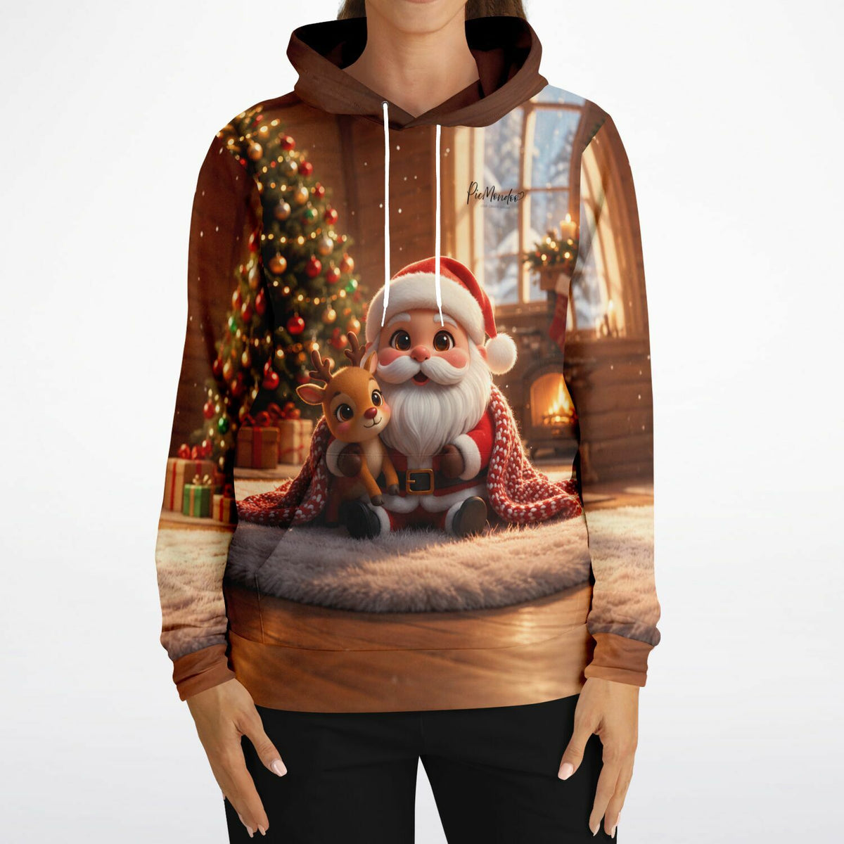 Kuschliger Dreamer Hoodie mit Weihnachtsmotiv: Weihnachtsmann und Rentier vor Weihnachtsbaum im gemütlichen Wohnzimmer