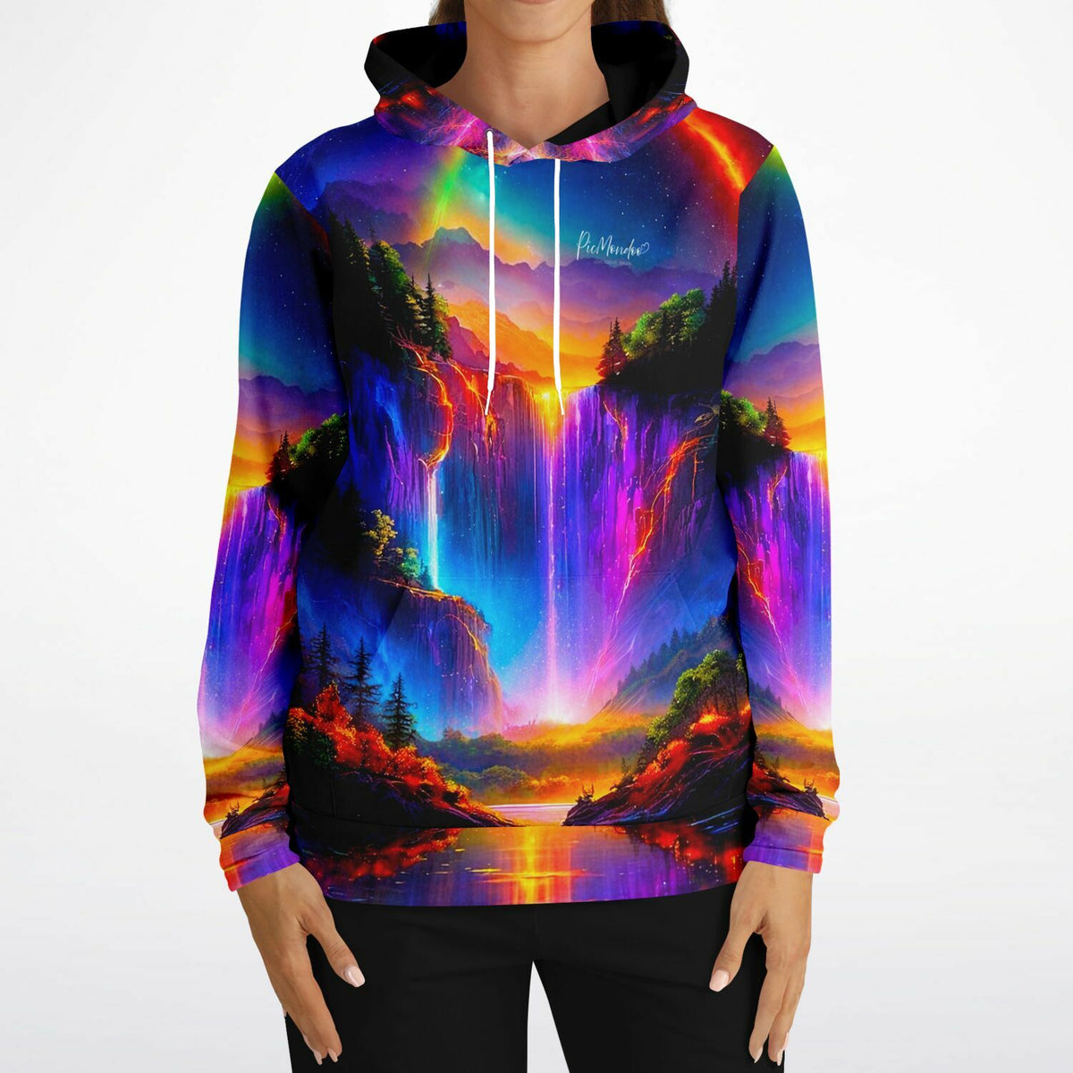 Dreamer Hoodie mit farbenfrohem Nachtleuchten-Wasserfall Motiv im Diamond Painting Stil für kreative Kunstfans