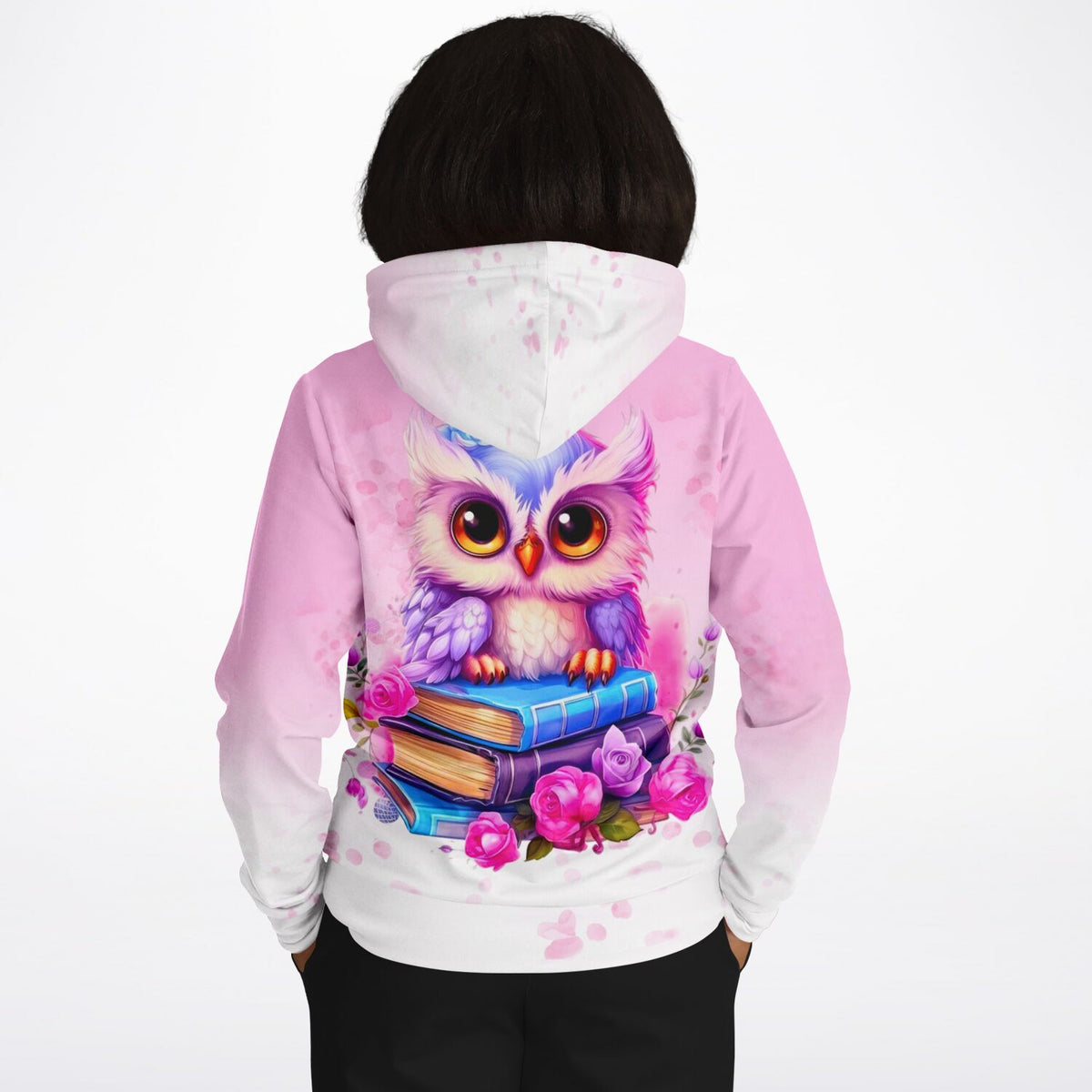 Rosa Dreamer Hoodie mit niedlichem Büchereule-Motiv und Blumen-Design für Fans von kreativem Diamond Painting und Kunst