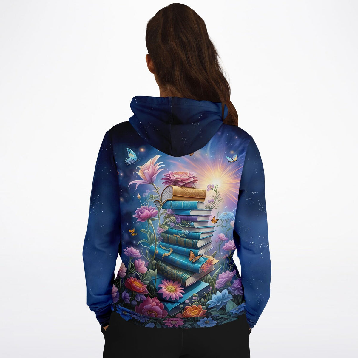 Dreamer Hoodie Book Lovers mit buntem Bücher- und Blumenmotiv im Stil unserer Diamond Painting Sets für Erwachsene.