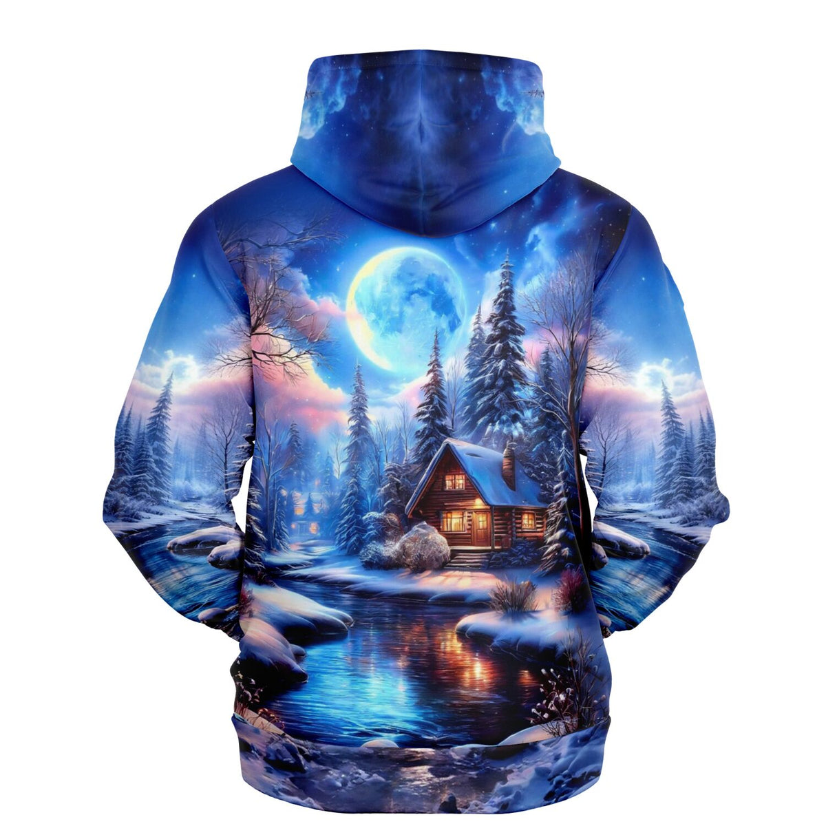 Dreamer Hoodie mit stimmungsvollem Winterlandschaft-Print, Vollmond und beleuchteter Hütte im Stil eines Diamond Painting
