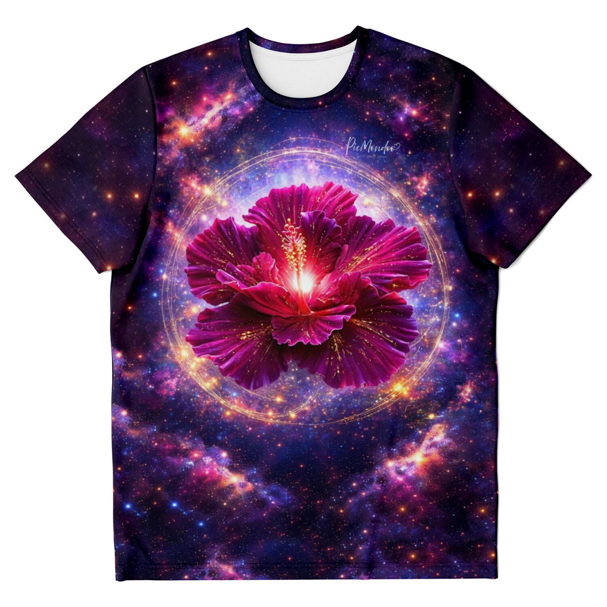 Dreamer T-Shirt mit leuchtender Hibiskus-Blüte vor einem kosmischen Galaxie-Hintergrund für Fans kreativer Kunstdesigns