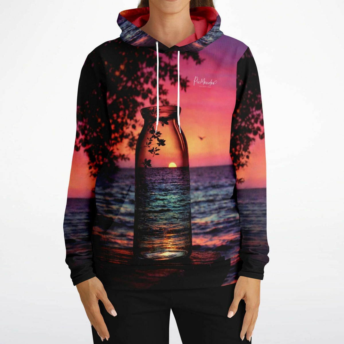 Dreamer Hoodie mit Rot-Orangen Sonnenuntergang Motiv, inspiriert von Diamond Painting und Malen nach Zahlen Designs.