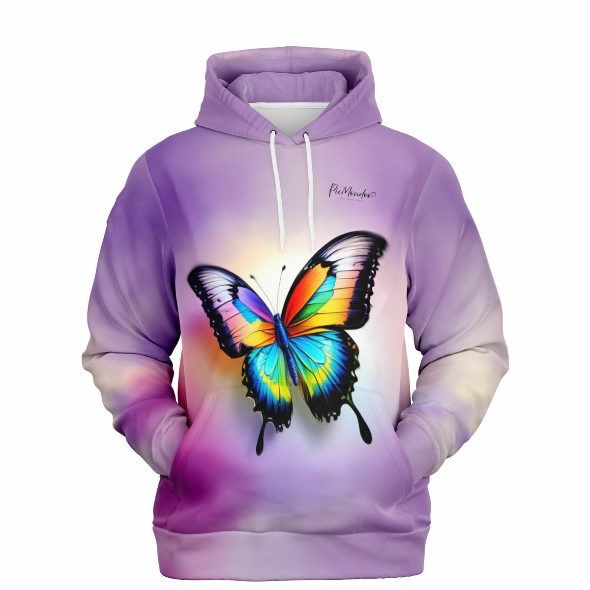 Dreamer Hoodie von Picmondoo mit buntem Schmetterlings-Motiv auf lila Hintergrund, passend zum Diamond Painting Design