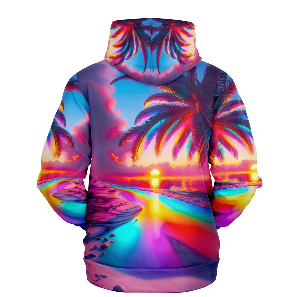 Dreamer Hoodie mit farbenfrohem Zauberstrand-Motiv, Palmen bei Sonnenuntergang und lebendigem Farbverlauf
