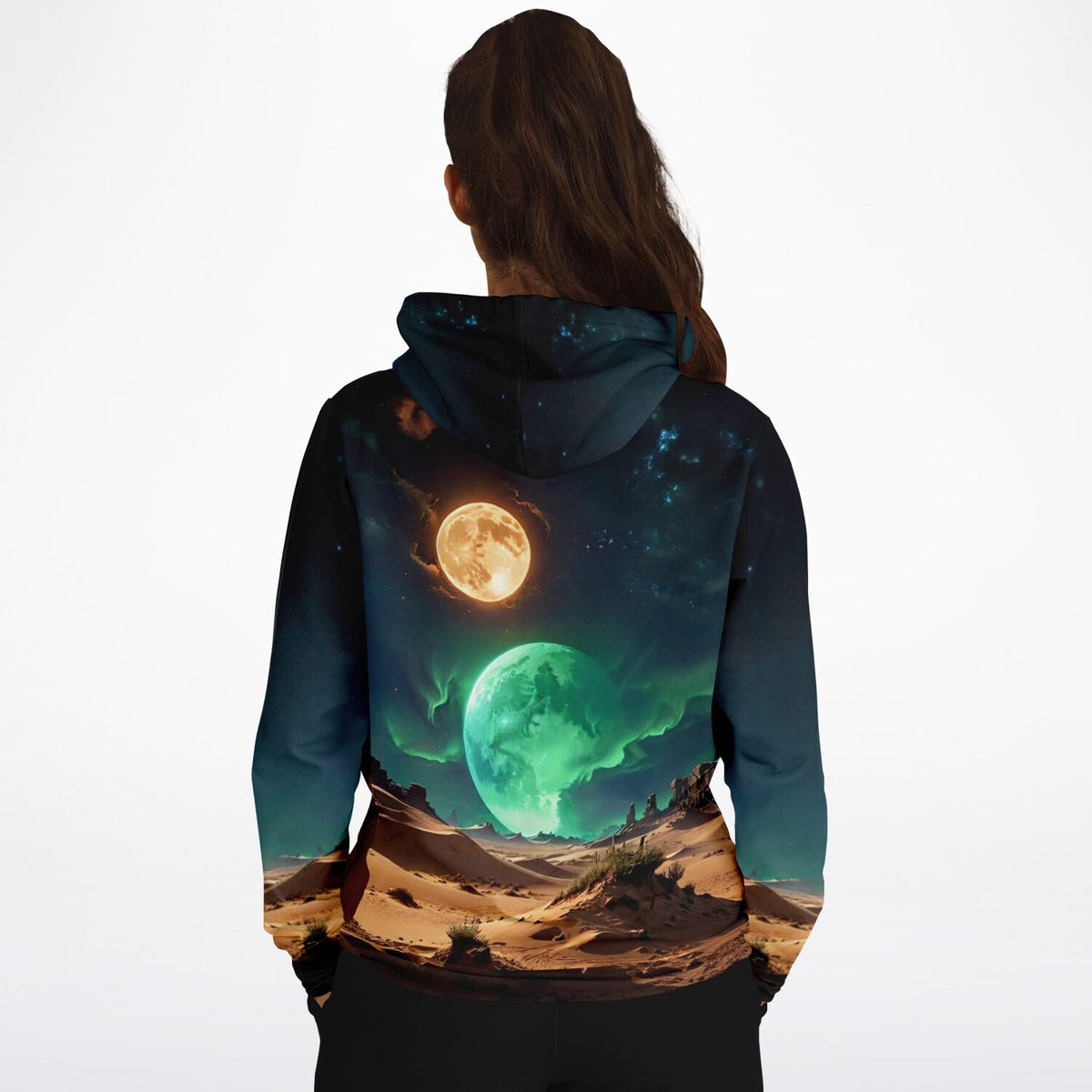 Dreamer Hoodie Finsternis mit nächtlichem Wüsten Motiv, Mond und grünem Planeten, ideal für Fans von Diamond Painting Art.