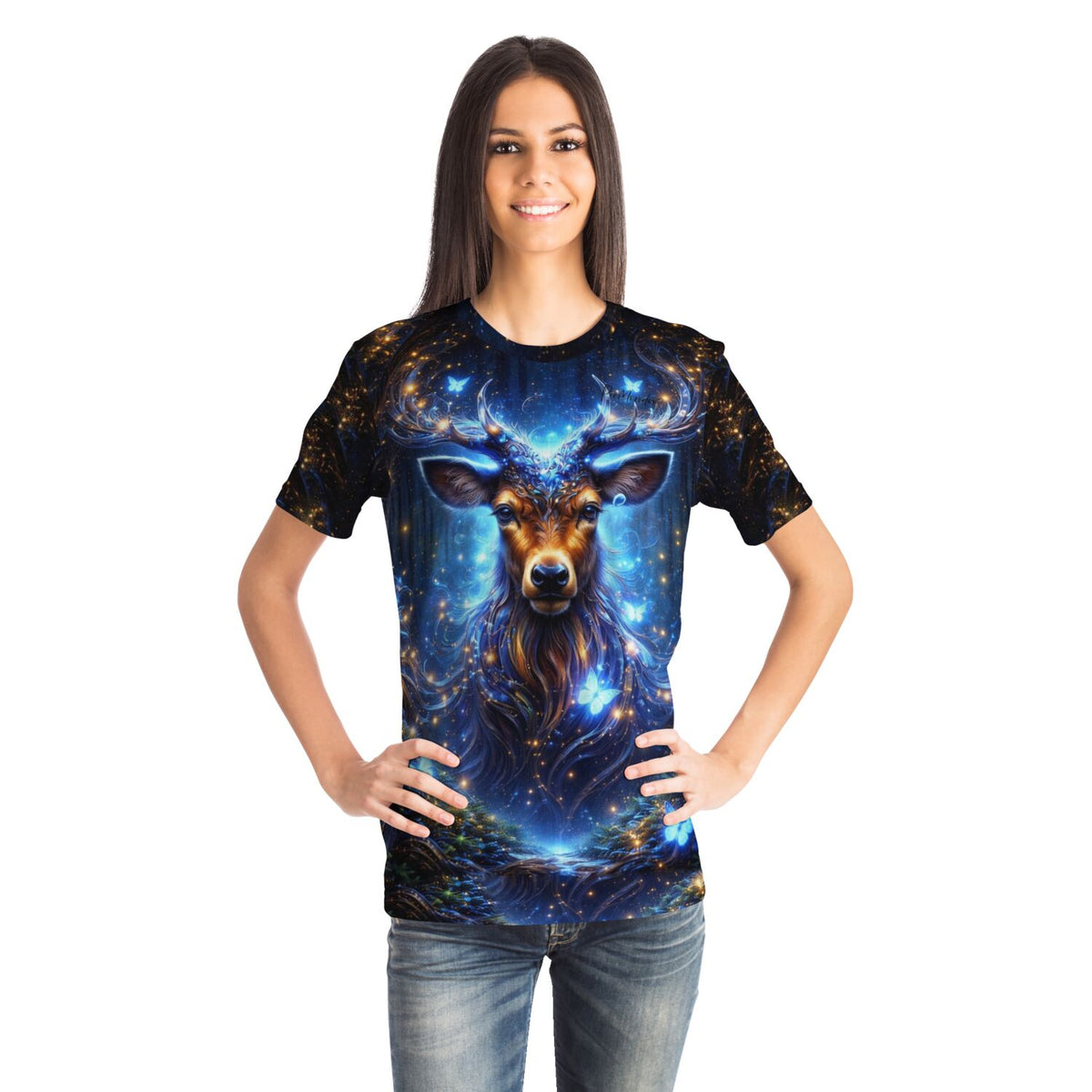 Frau trägt Dreamer T-Shirt mit mystischem Wächter des Waldes Motiv, ideal für Fans von Diamond Painting und Kunst.