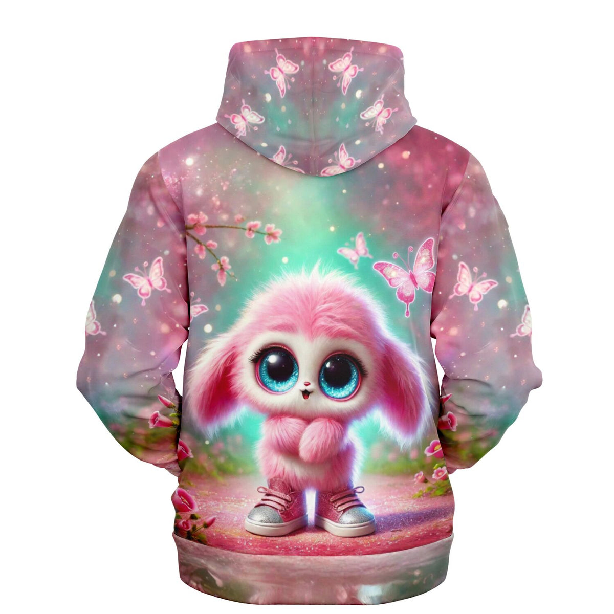 Pinker Dreamer Hoodie mit süßem flauschigem Wesen, Blumen und Schmetterlingen im All-over-Print Design