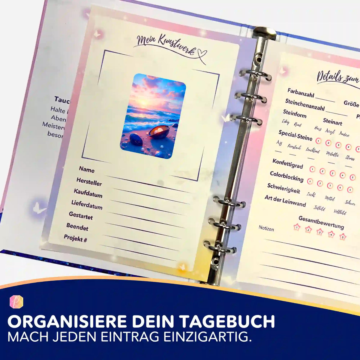 Strandliebe Aufkleber für Diamond Painting Tagebuch zur Organisation von Projektdetails und Projektbewertungen