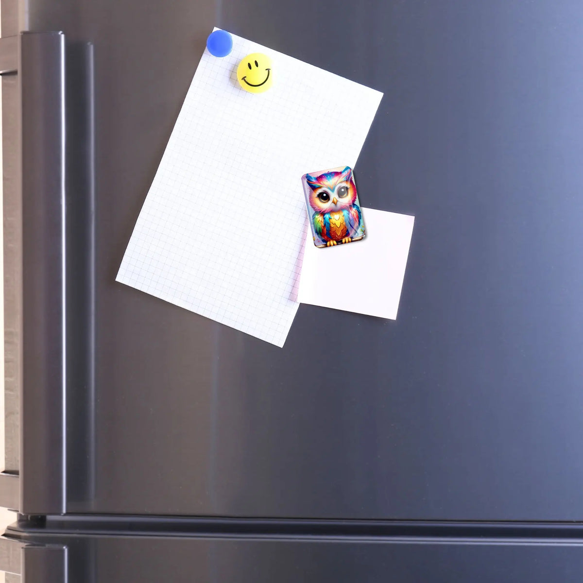 Bunter Eulen-Coverminder aus Glas als praktisches Zubehör für Diamond Painting und Bastelsets an einem Kühlschrank