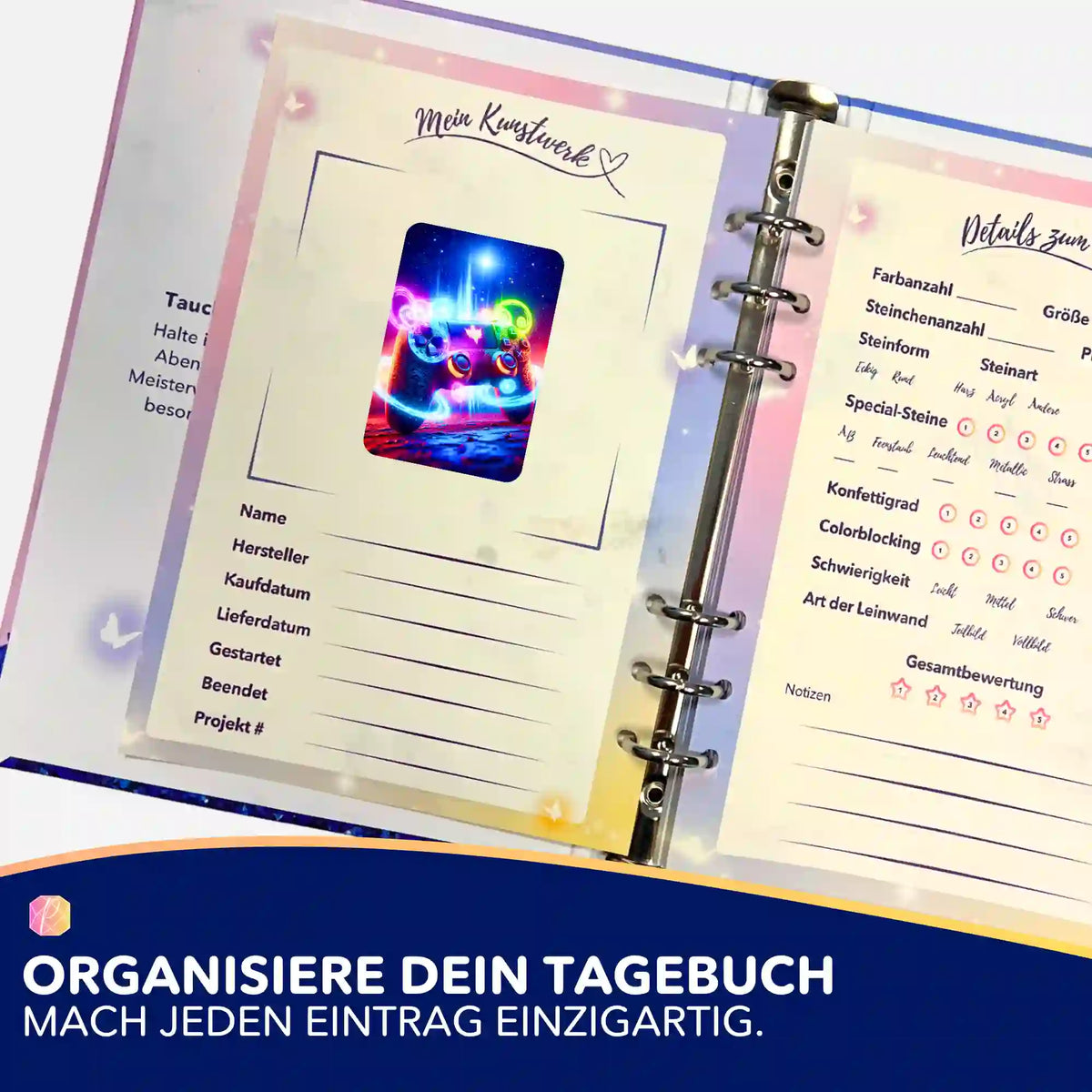 Gamer Universum Aufkleber in einem Diamond Painting Tagebuch zur Organisation von Bastelprojekten