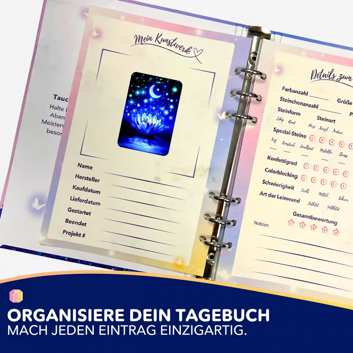 Diamond Painting Aufkleber Blaue Seerose im Tagebuch für die Organisation von Kunstwerken