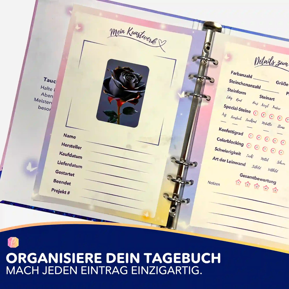 Black Rose Aufkleber zum Organisieren im Diamond Painting Tagebuch für eine strukturierte Projektdokumentation