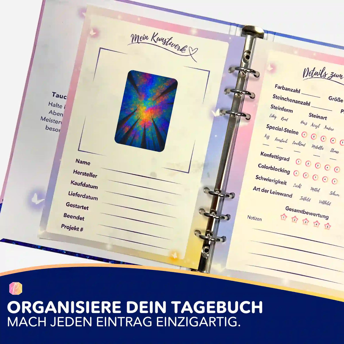 Picmondoo Diamond Painting Tagebuch mit Regenbogenwald Aufkleber zur Organisation von Diamond Painting Projekten.