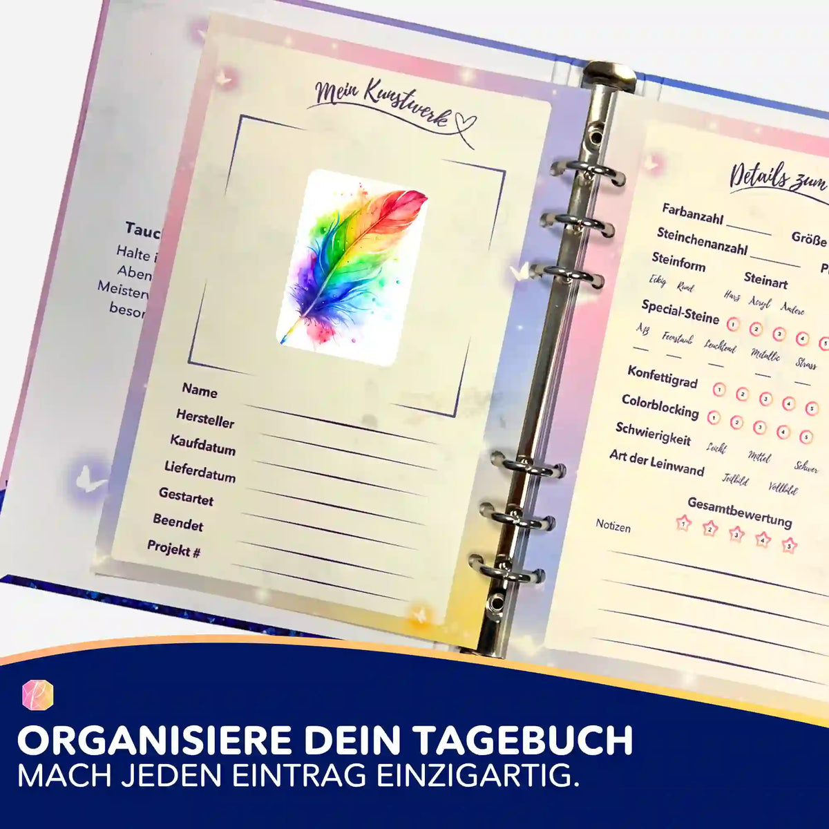 Regenbogen-Feder Aufkleber zur Organisation im Diamond Painting Tagebuch von Picmondoo für kreative Bastelprojekte