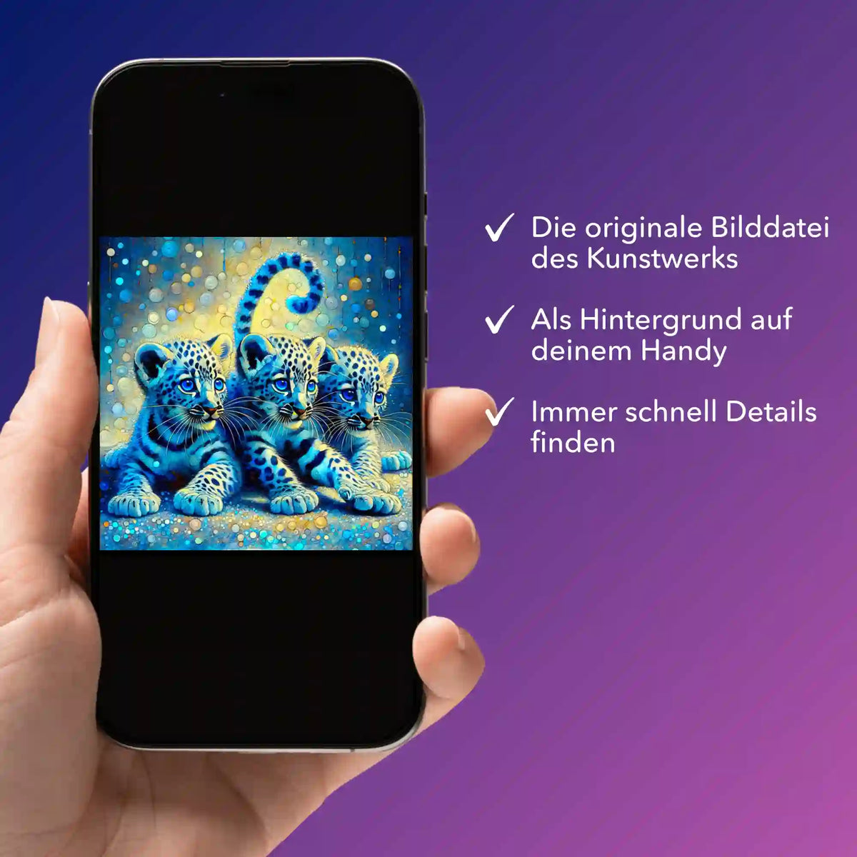 Digitale Bildmappe zum Diamond Painting Set Leopardenbabys auf Smartphone als Vorlage für Malen nach Zahlen