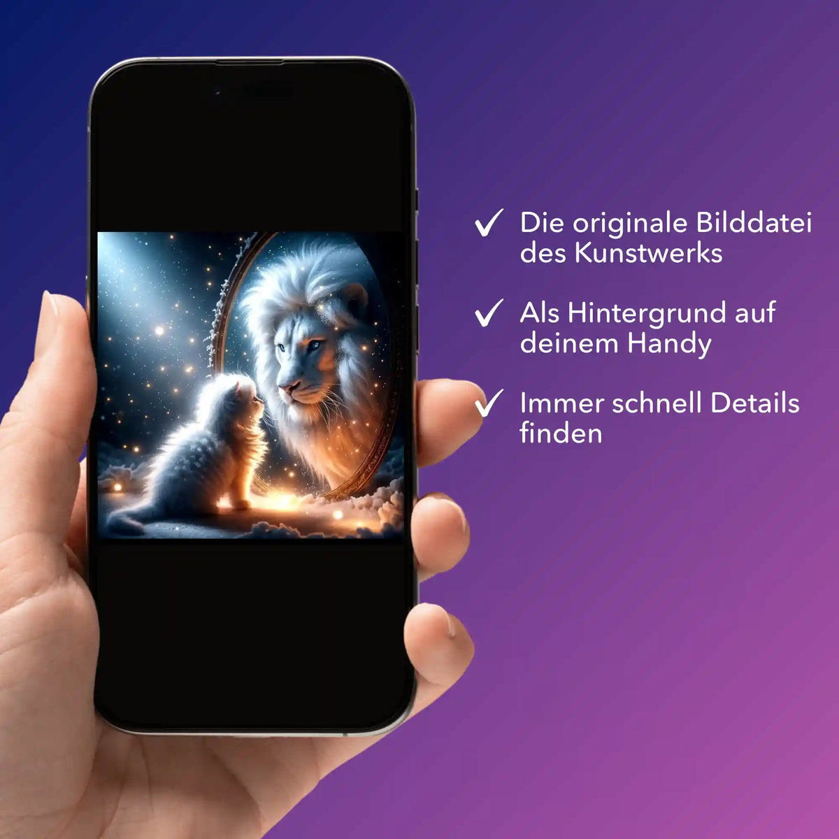 Smartphone mit digitaler Bildmappe vom Picmondoo Diamond Painting Motiv Löwe und Kätzchen für DIY-Kunstwerke