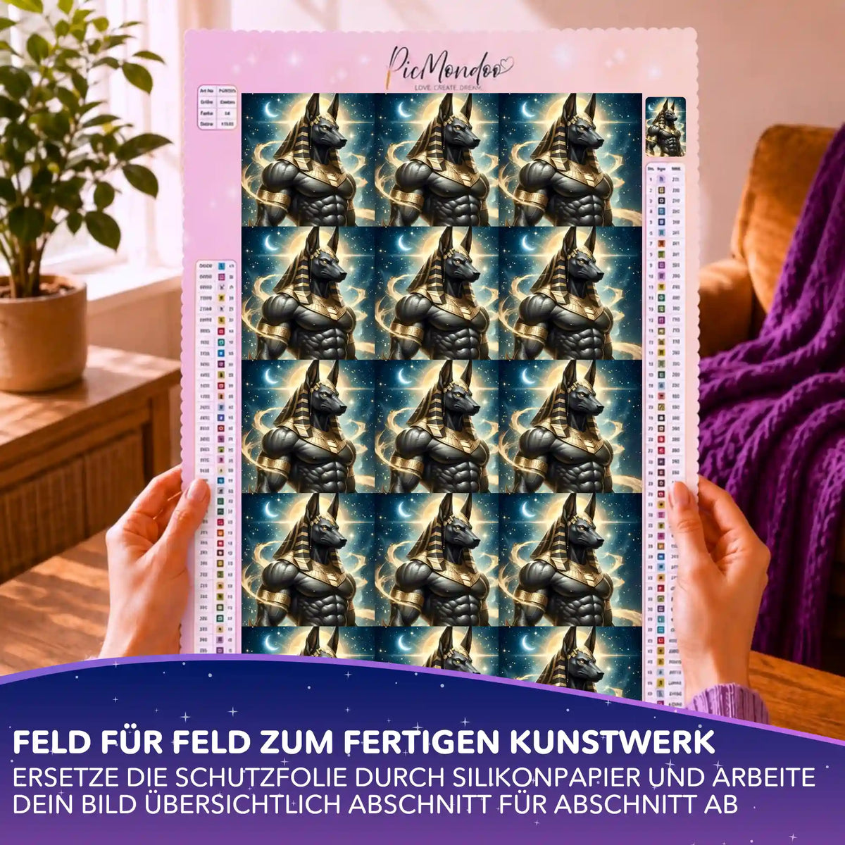 Silikonpapier-Set für Diamond Painting mit Anubis-Motiv in 10x10 cm Feldern, Farblegende und Mondhimmel in Gold und Blau