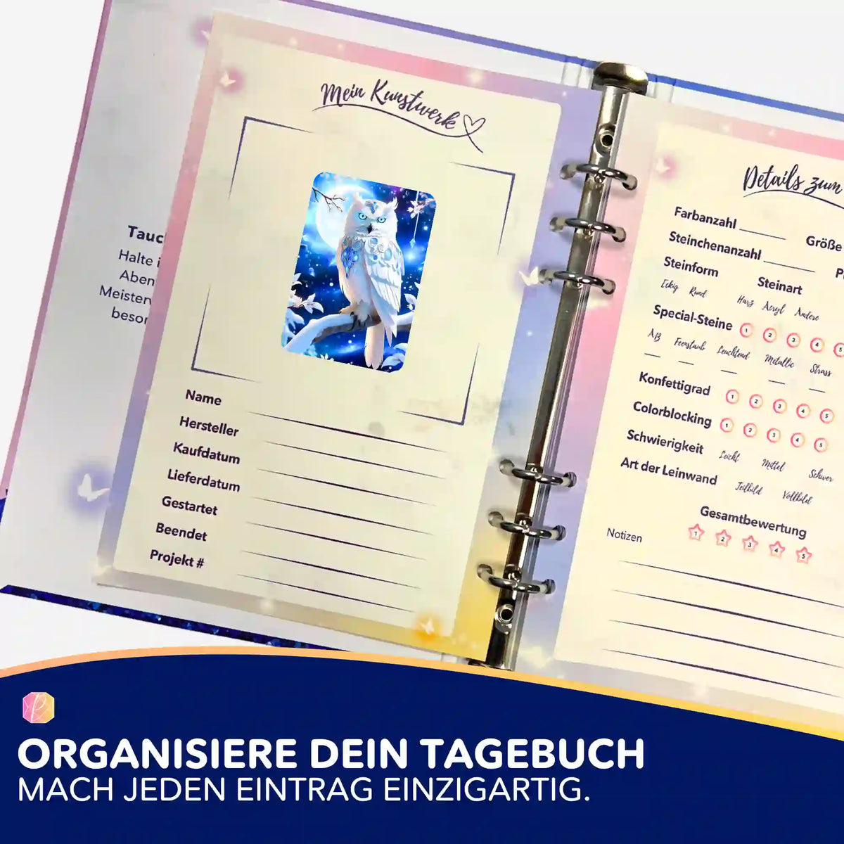 Blue Eyes Owl Sticker in einem Diamond Painting Tagebuch zur Organisation von Projektdetails und Fortschritt