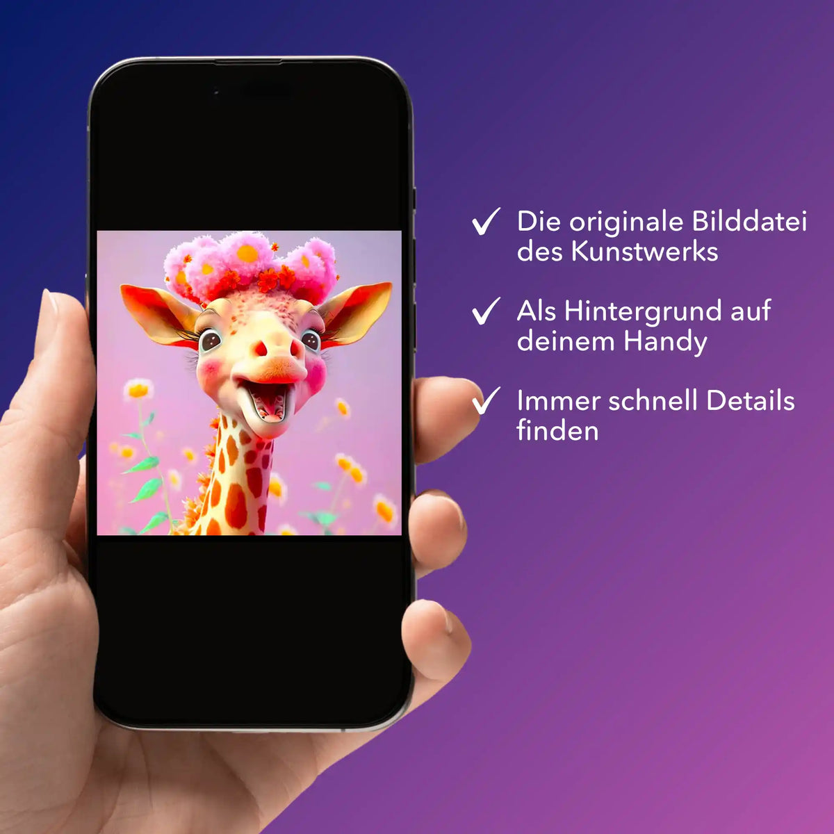 Digitale Picmondoo Bildmappe mit süßem Giraffen-Motiv für Diamond Painting Fans als praktischer Download am Smartphone