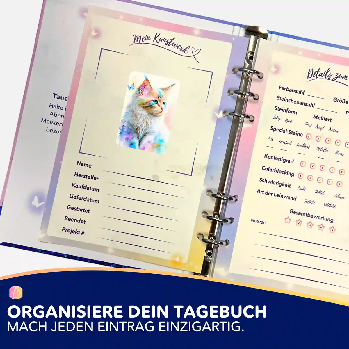 Kätzchen-Aufkleber für Diamond Painting Tagebuch zur Organisation von Kunstwerken und Projektdetails
