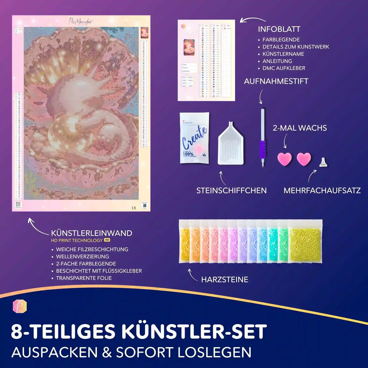 Diamond Painting Set Axolotl in einer Muschel mit Leinwand, bunten Harzsteinen und Bastelzubehör für kreative Projekte.