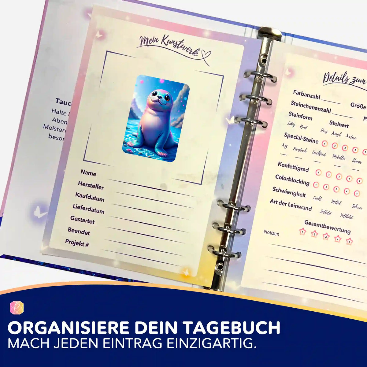 Picmondoo Diamond Painting Tagebuch mit süßem Robben-Sticker zur Organisation von Malen nach Zahlen Projekten
