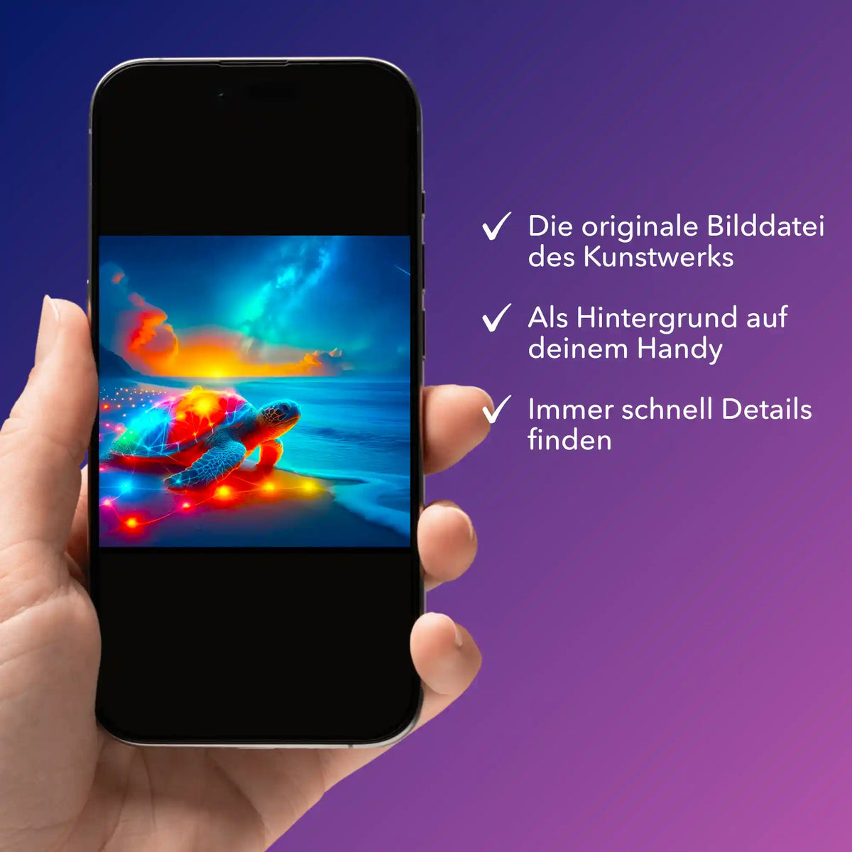 Digitale Bildmappe für Diamond Painting: Smartphone zeigt farbenfrohes Schildkröten-Motiv am Strand als Vorlage.
