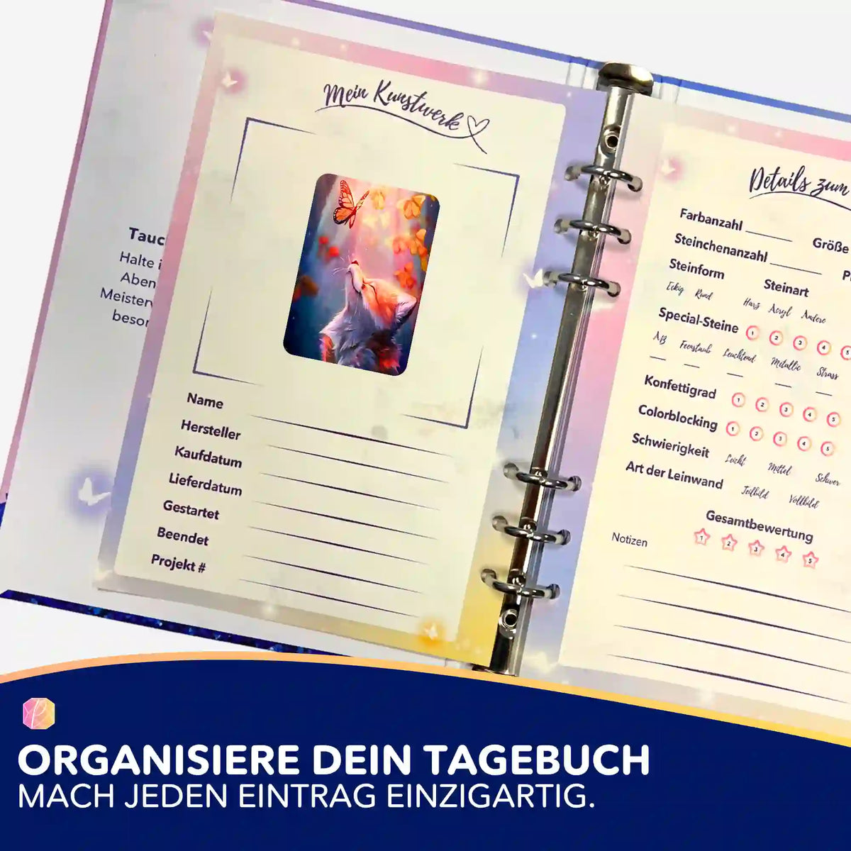 Fuchs-Aufkleber im Diamond Painting Tagebuch zur Organisation von Malen nach Zahlen und Diamanten Painting Projekten.