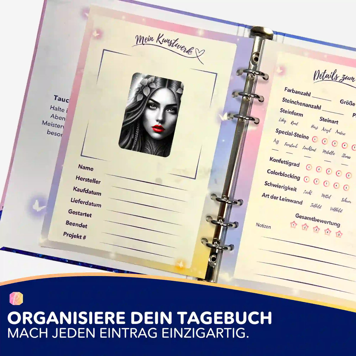 Red Lips Aufkleber im Diamond Painting Tagebuch zur Organisation von Malen nach Zahlen oder Diamanten Painting Projekten