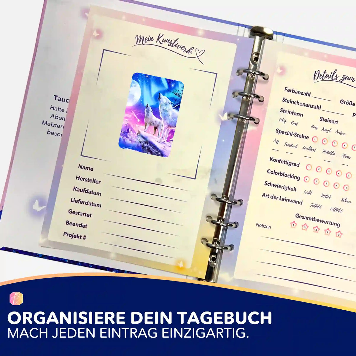 Picmondoo Diamond Painting Sticker Wolf Motiv eingeklebt in ein Tagebuch zur Organisation von DIY-Kunstwerken