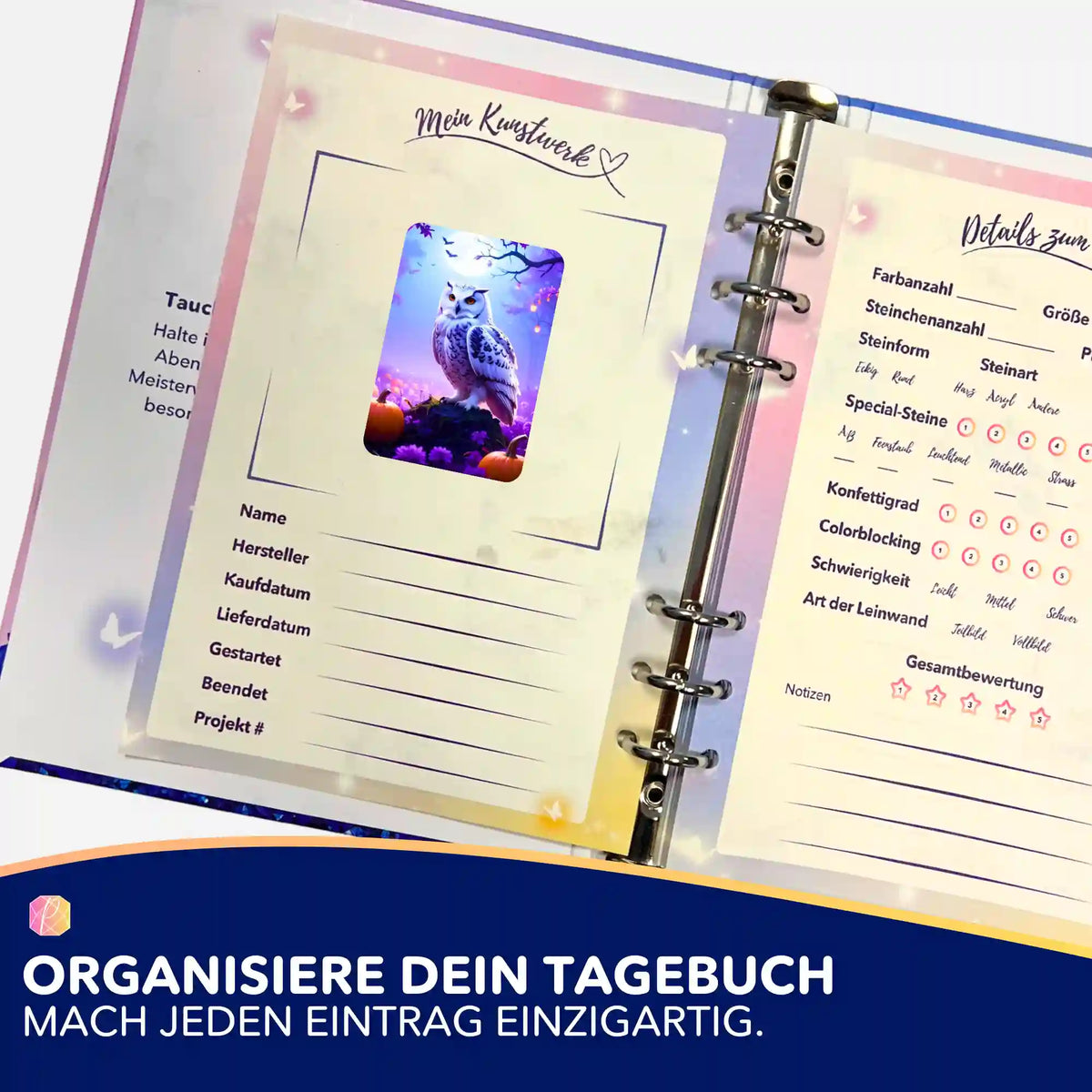 Nachtwächter Eulen-Aufkleber für das Diamond Painting Tagebuch zur Organisation von Kunstwerken und Projekt-Details.