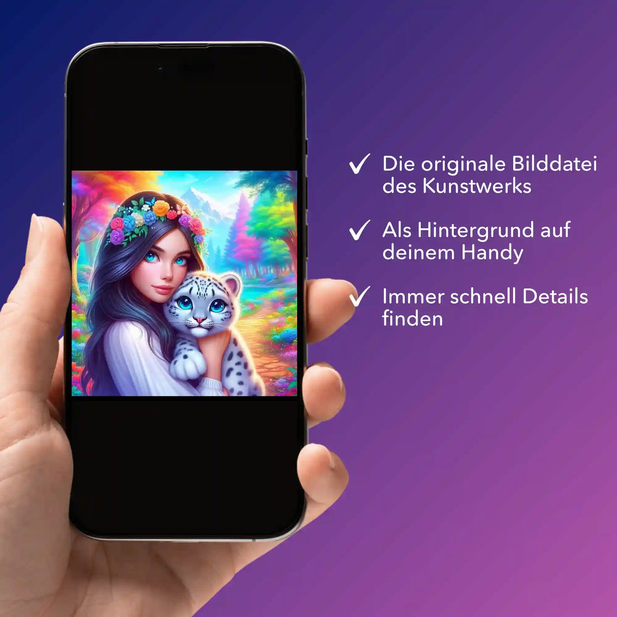 Digitale Bildmappe für Diamond Painting Amiras Paradies auf dem Smartphone mit farbenfrohem Mädchen und Schneeleoparden-Motiv