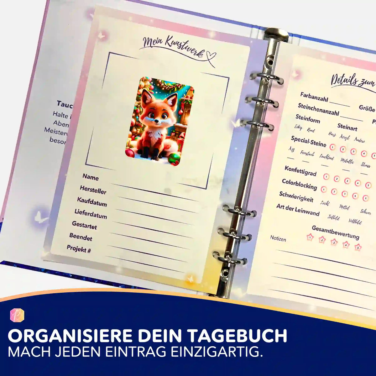 Foxy Aufkleber für Diamond Painting Tagebuch zur Organisation von Projekten und Malen nach Zahlen Kunstwerken