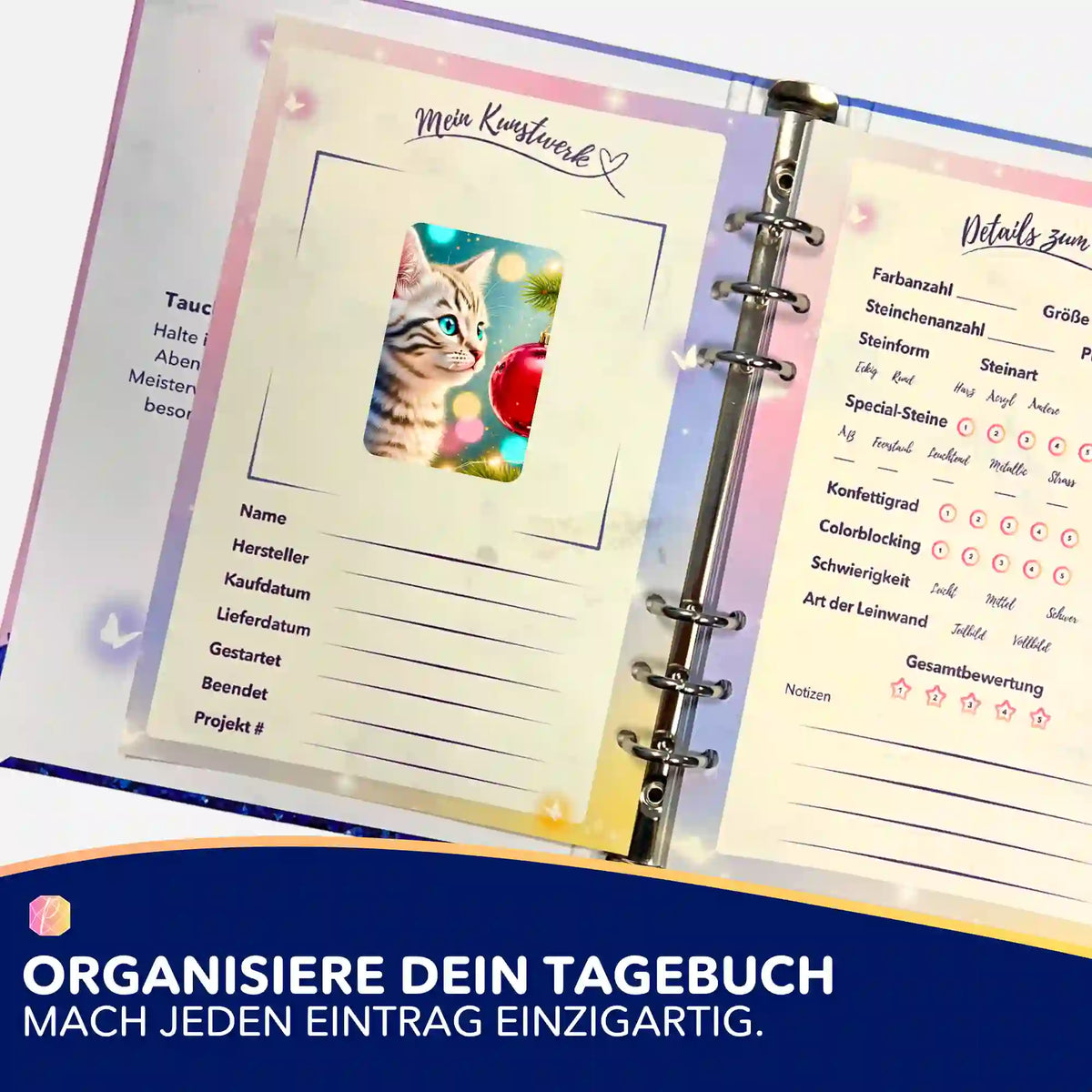 Minka Katzen Sticker für Diamond Painting Tagebuch zur Organisation von Malen nach Zahlen und Diamanten Painting Projekten