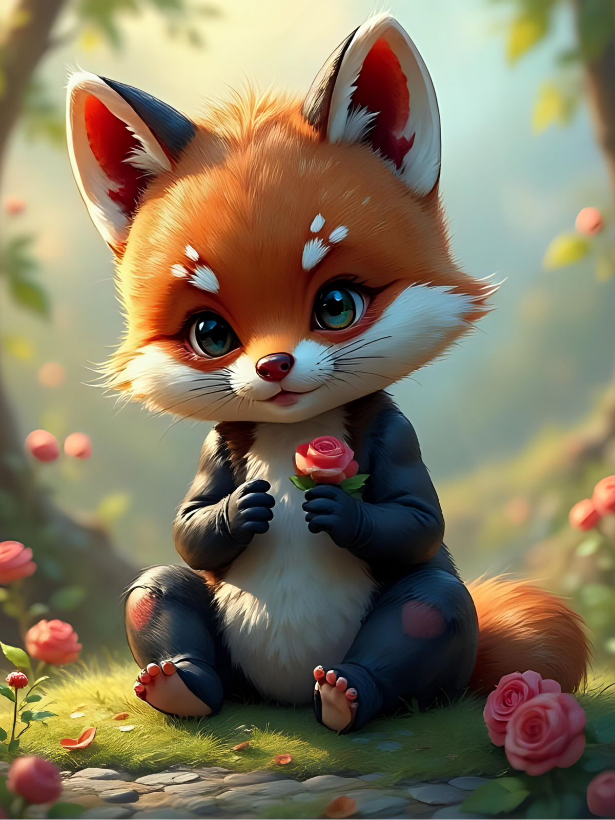 Diamond Painting Set Motiv: Niedlicher Fuchs Kasper mit Blumen im Garten für kreatives Basteln