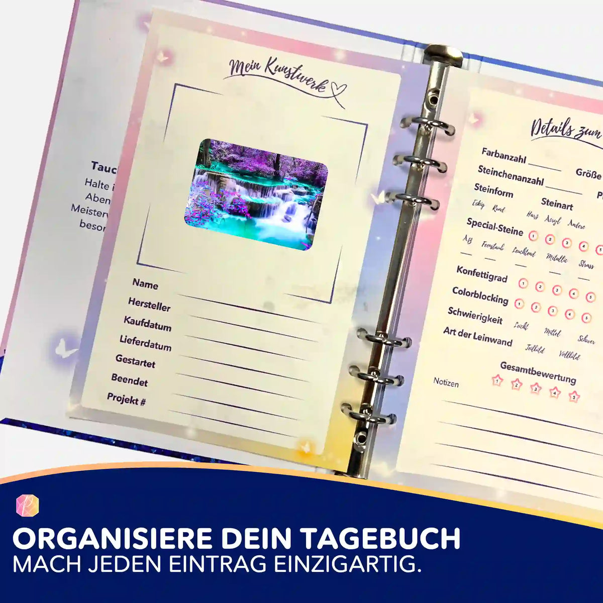 Picmondoo Diamond Painting Aufkleber im Tagebuch zur Organisation von Wasserfall-Motiven