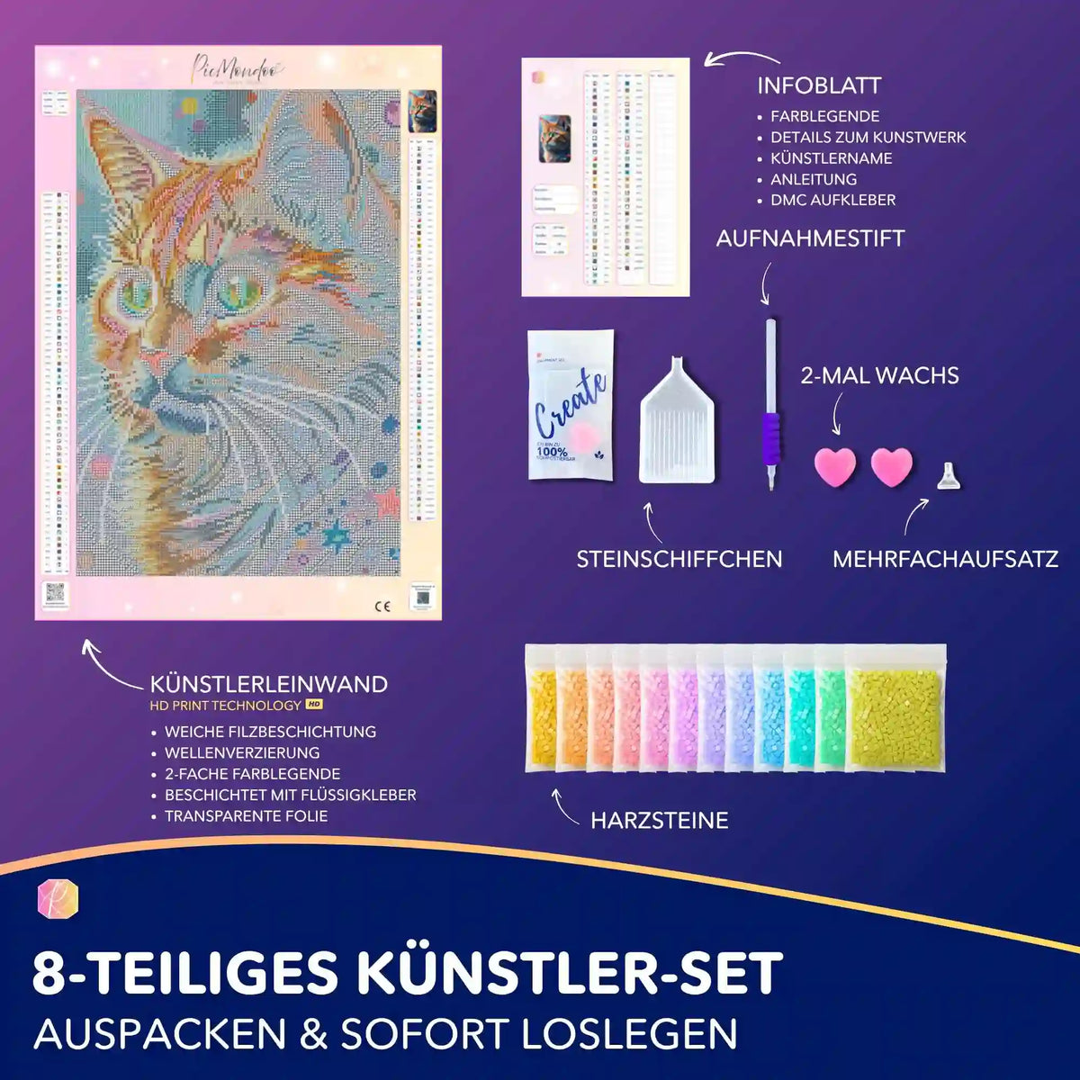 8-teiliges Diamond Painting Set Sternenpfote mit Katzen-Motiv, bunter Leinwand, Harzsteinen und Zubehör für DIY-Kunst
