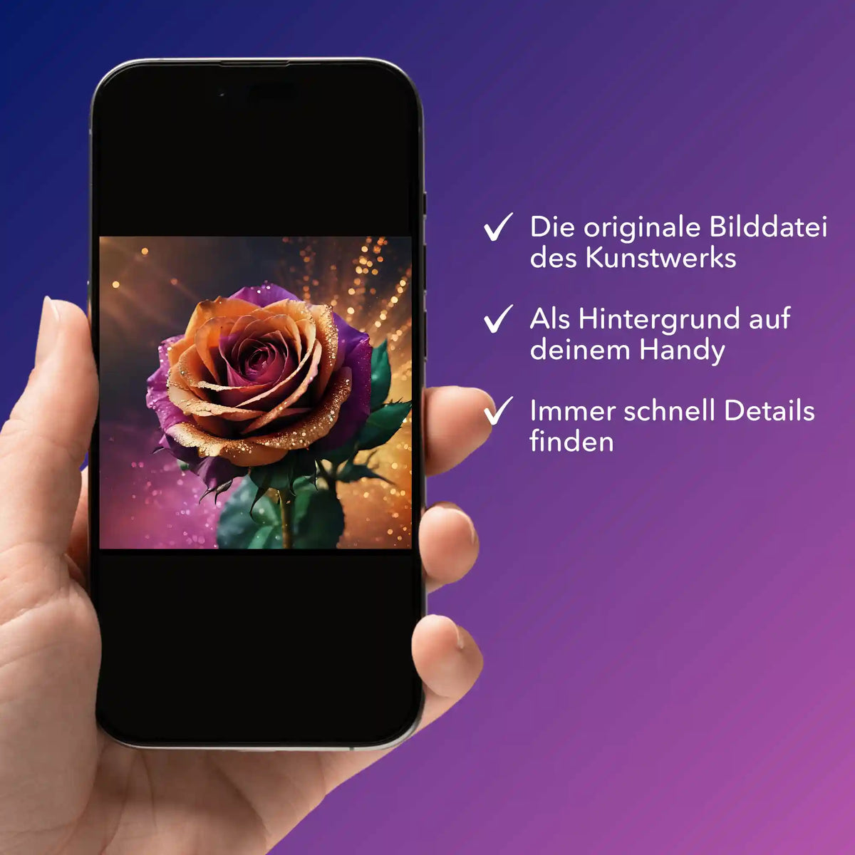 Digitale Bildmappe für Diamond Painting Colorful Rose auf dem Smartphone als praktische Vorlage für dein DIY-Projekt.