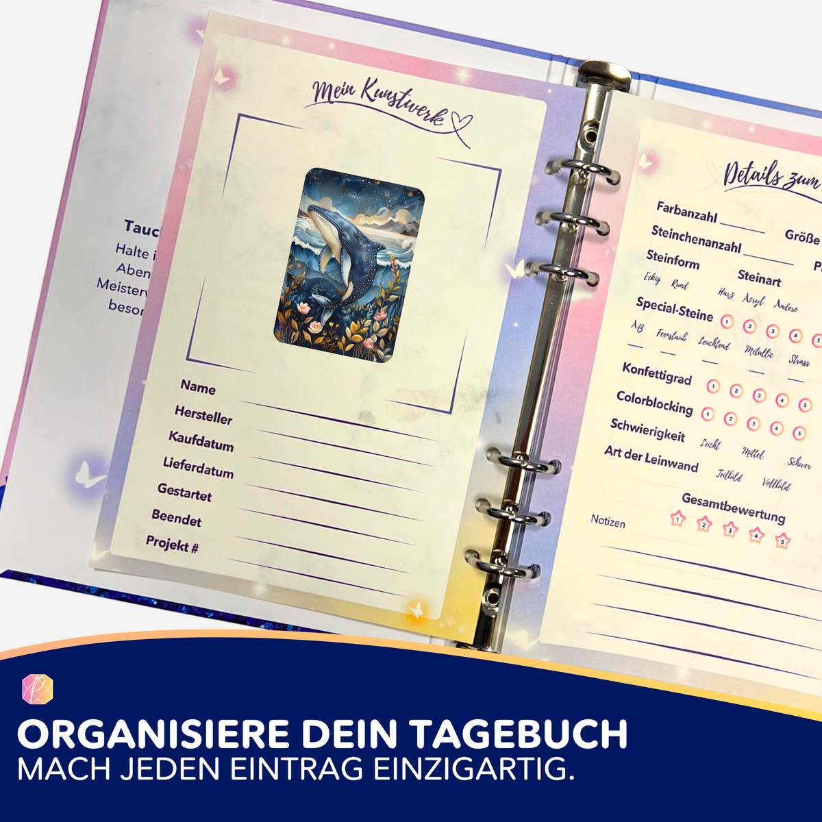 Susen Pfifferling Meeresträume Sticker in einem Diamond Painting Tagebuch zur Organisation von DIY-Kunstwerken